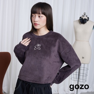 【gozo】穿羽絨服的雪人毛毛短版大學T(深咖/粉色_F) | 女裝 圓領 保暖