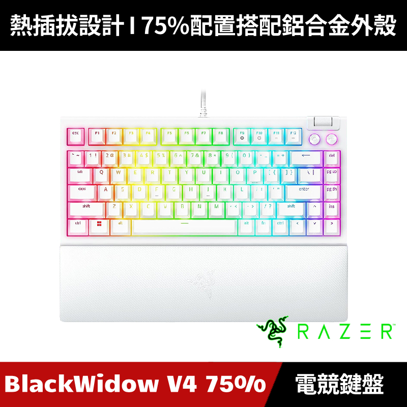 [加碼送５好禮] Razer BlackWidow V4 75% 黑寡婦蜘幻彩版電競鍵盤 白色 英文 雷蛇