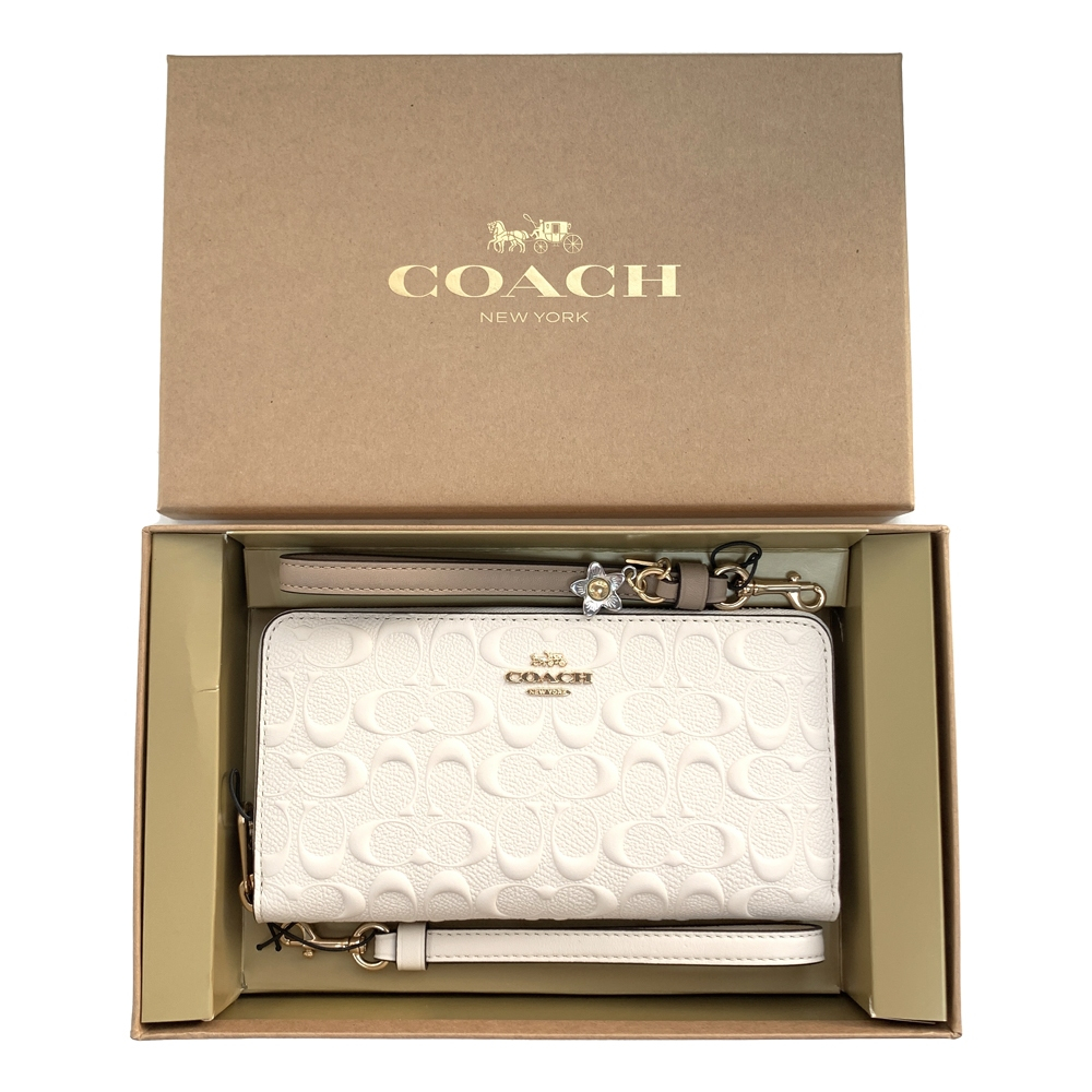 COACH 經典LOGO浮雕皮革拉鍊手拿包長夾小花雙提把禮盒組 白色x奶茶色