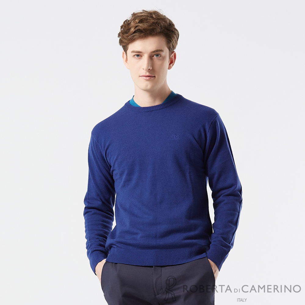 【ROBERTA 諾貝達】男裝 藍色超細羊毛衣-雙色領立體剪裁-義大利素材 台灣製 RSF62H-37