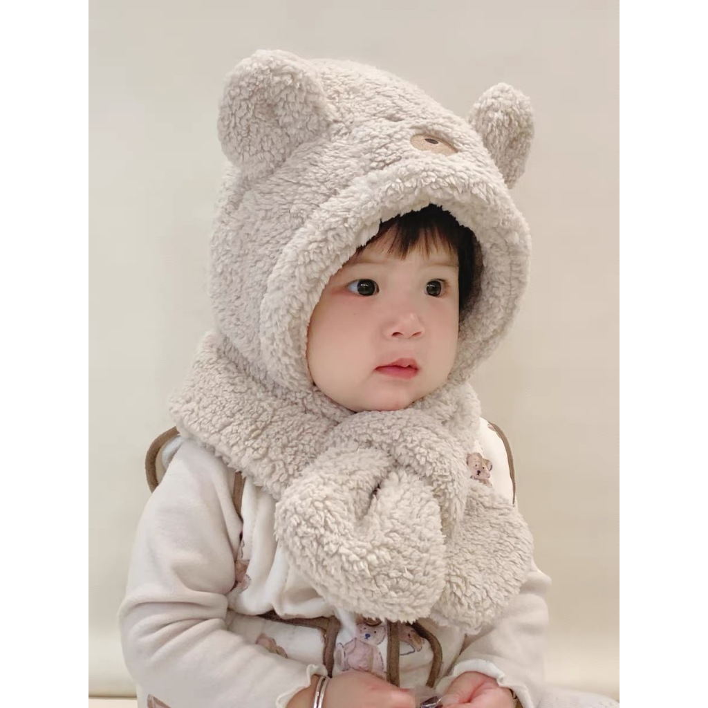 🥨ZANNER KIDS (現貨S.M)雙層毛絨小熊護耳圍巾保暖帽子-兩色 嬰兒帽子 兒童帽子 保暖毛帽