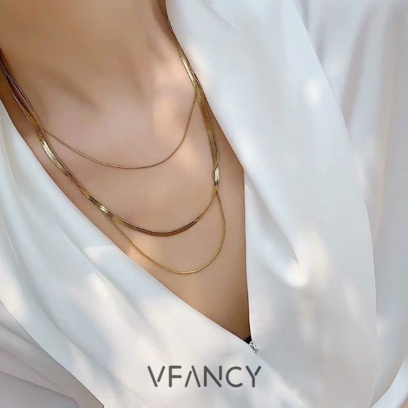 -VFANCY-｜預購｜  項鍊 歐美時尚三層蛇骨鍊項鍊 18K金 女生項鍊 蛇鍊