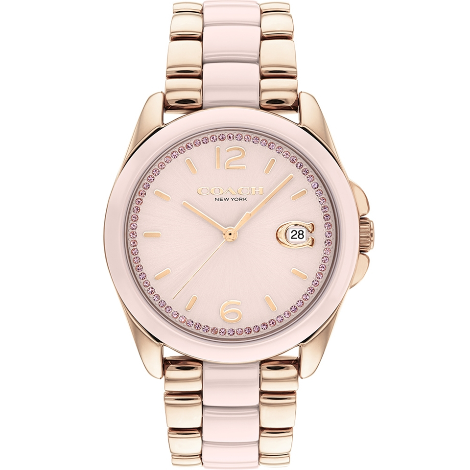 COACH 粉色表盤 時尚不鏽鋼錶殼錶帶（玫瑰金+米白色陶瓷）CO14504188-36mm