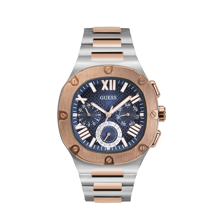 GUESS原廠平輸手錶 | 玫瑰金+銀色系 藍面 三眼日期顯示 圓角方型腕錶 不鏽鋼錶帶 男錶 手錶(GW0572G4)