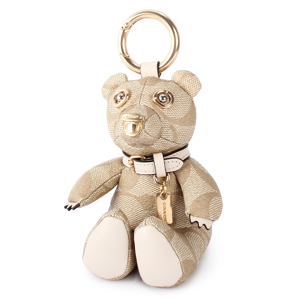 COACH大C紋小熊造型皮革鑰匙圈吊飾(卡其白)198604-1