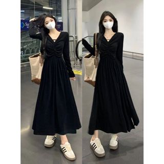 【現*貨】佰分佰/100kg內可穿/大尺碼/秋冬洋裝/連衣裙/秋冬穿搭/小黑裙/長袖/法式/收腰/氣質/a字裙/長洋裝