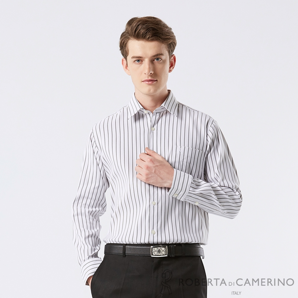 【ROBERTA 諾貝達】男裝 白色長袖襯衫-灰色細緻條紋款-合身版 RDM32-94