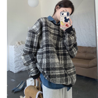 現貨！韓版毛絨衛衣chic質感加厚上衣毛絨上衣羊羔毛上衣格紋上衣慵懶風大學t毛毛衛衣長袖上衣大學T圓領上衣毛毛上衣