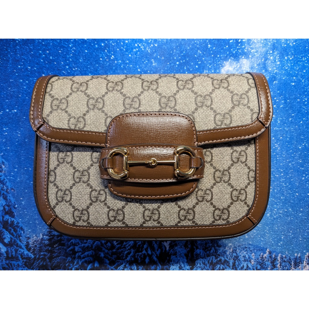 GUCCI Horsebit 1955 GG Supreme 帆布雙背帶斜背包(棕色)658574-HUHHG-8565