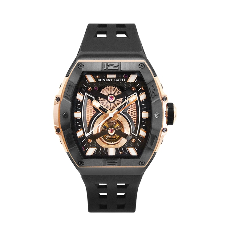 BONEST GATTI | 原廠授權布加迪 黑金款 工業風格的鏤空面盤 酒桶造型 黑色氟橡膠錶帶 自動上鍊機械腕錶