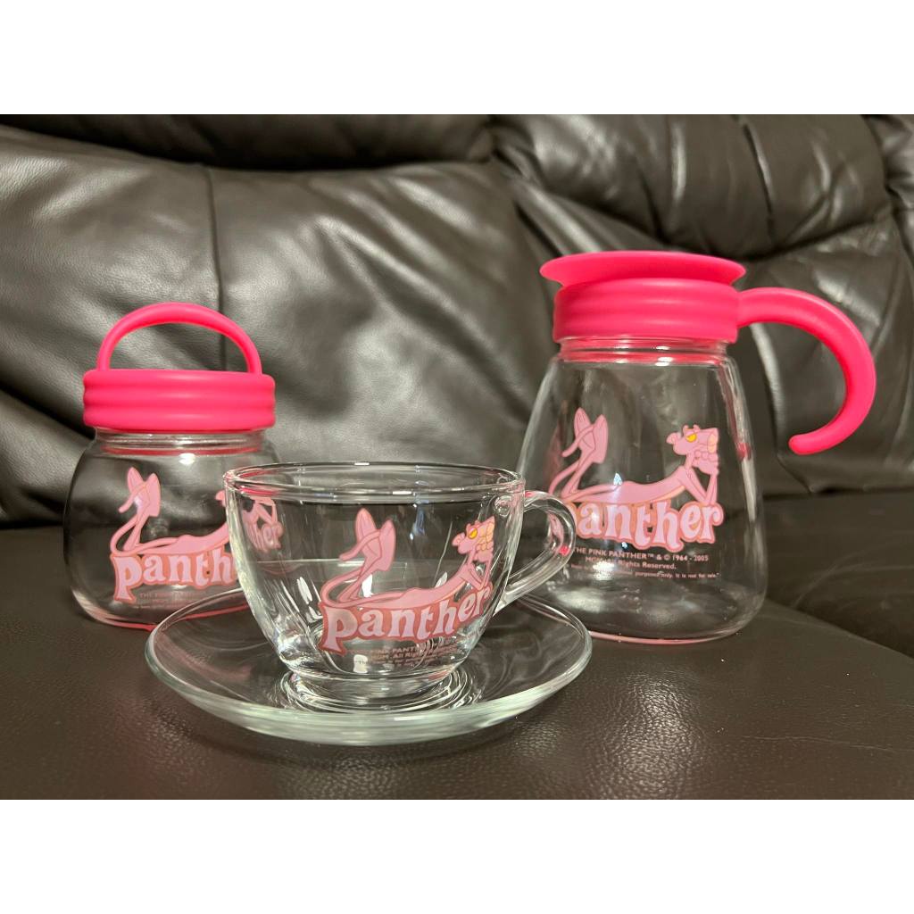 【全新】頑皮豹玻璃花茶組 冷水壺 玻璃罐 玻璃杯 三件組 pink panther 粉紅豹 茶壺組
