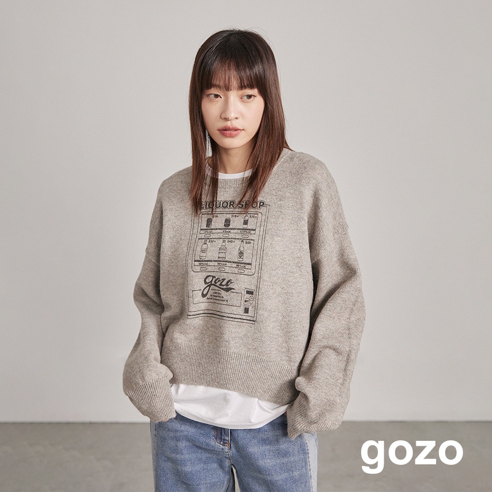 【gozo】環保紗來一杯販賣機針織毛衣(灰色/深藍/淺卡其_F) | 女裝 圓領 保暖