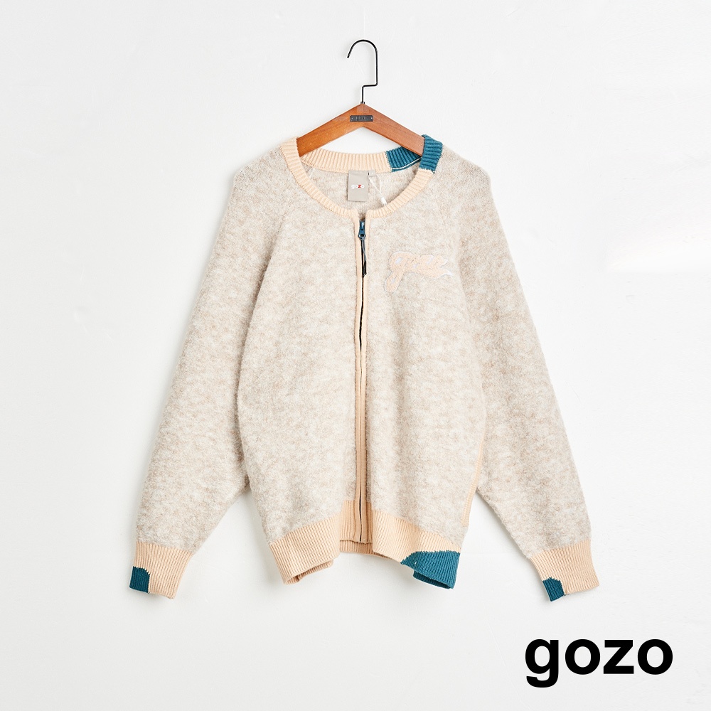 【gozo】➤柔軟微撞色拉鍊毛衣外套(米黃/深藍_F) | 女裝 圓領 保暖