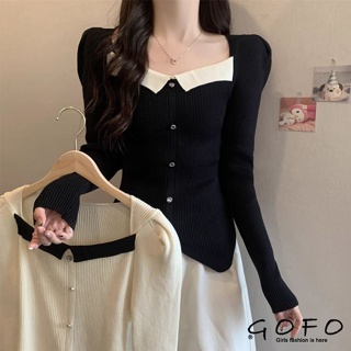 GOFO 長袖上衣 韓系合身顯瘦 撞色假排扣 性感 方領 針織衫 女生衣著 女生上衣
