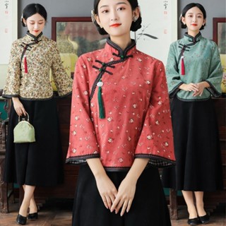 中式盤扣唐裝旗袍上衣 春秋茶服民國風女裝中國風復古風漢服～中國風美穿在身~彩落(三色) M-4XL。水水女人國