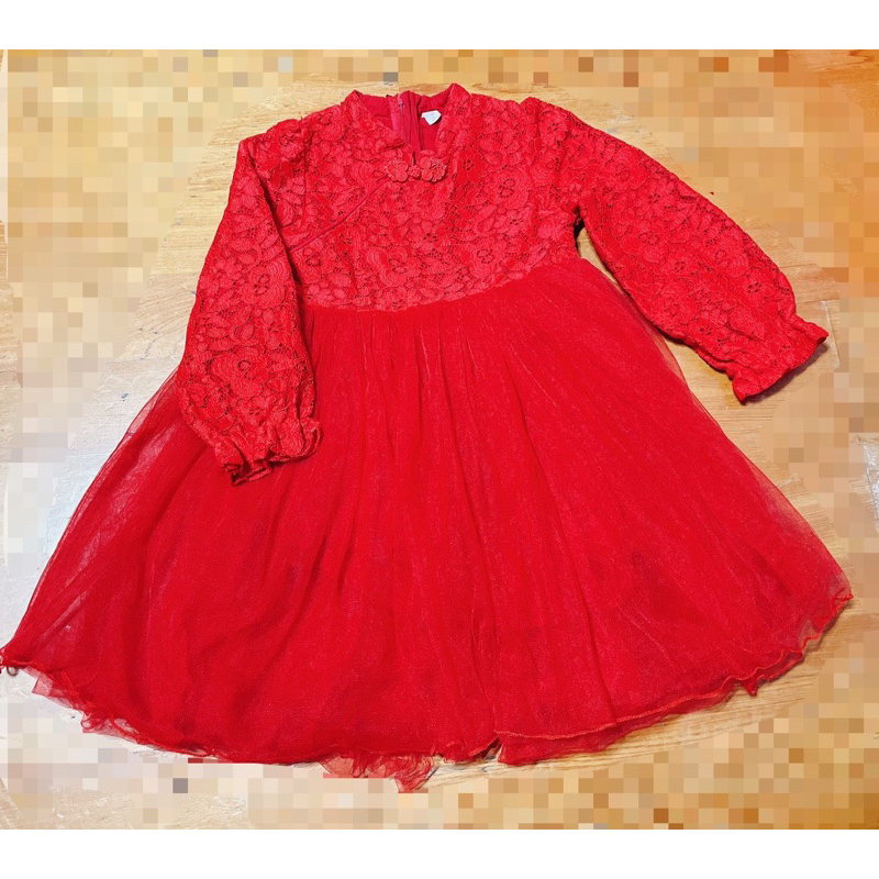 過年喜氣紅色洋裝/新年紅色蕾絲紗裙/長袖洋裝/連身裙/拜年服