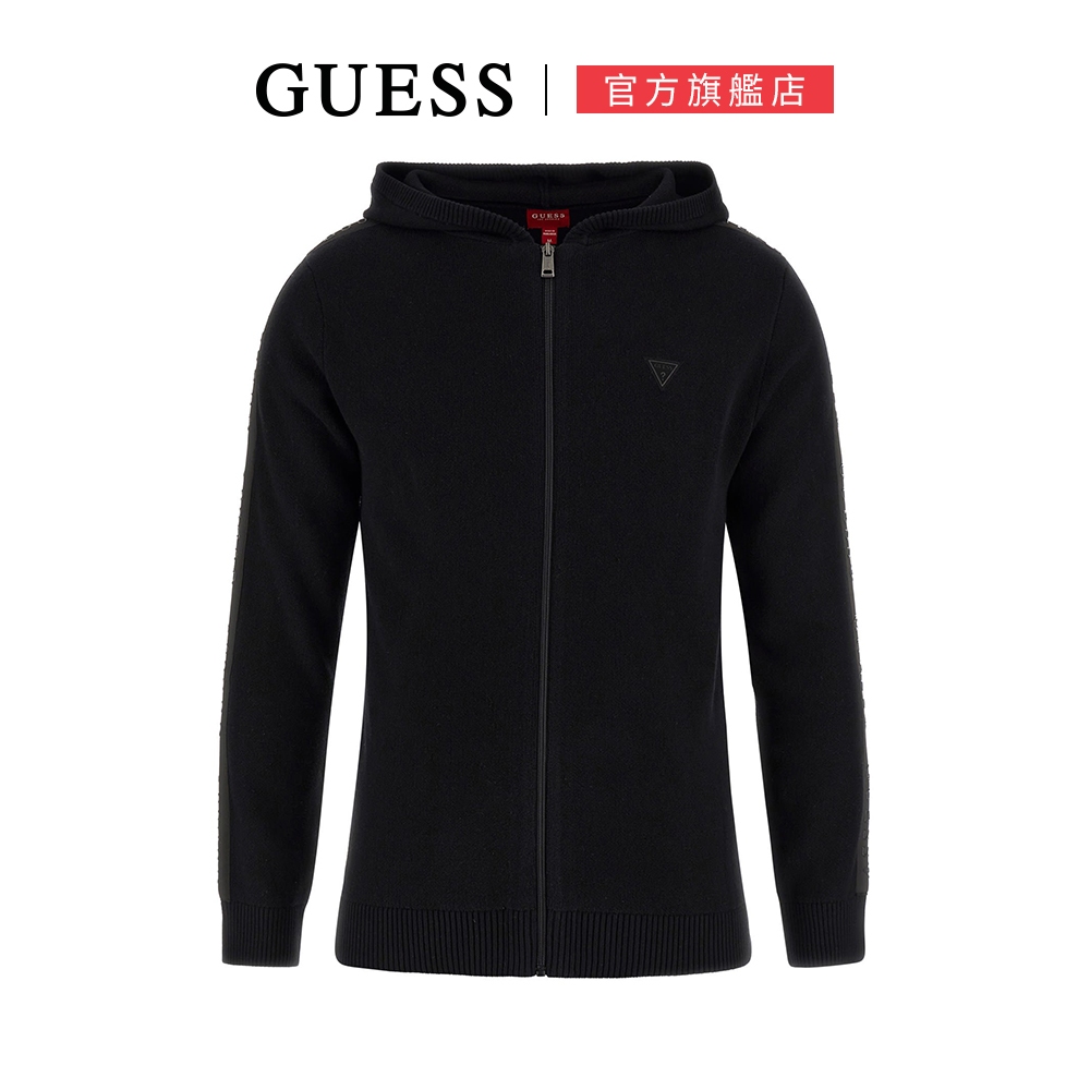 【GUESS】經典素面休閒連帽毛衣外套-黑