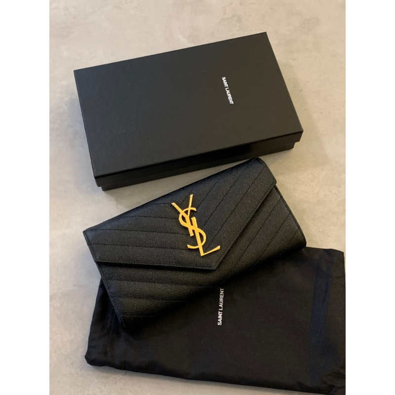 Limit精品✔️YSL Saint Laurent 聖羅蘭 經典金扣魚子醬牛皮V字縫線黑色長夾