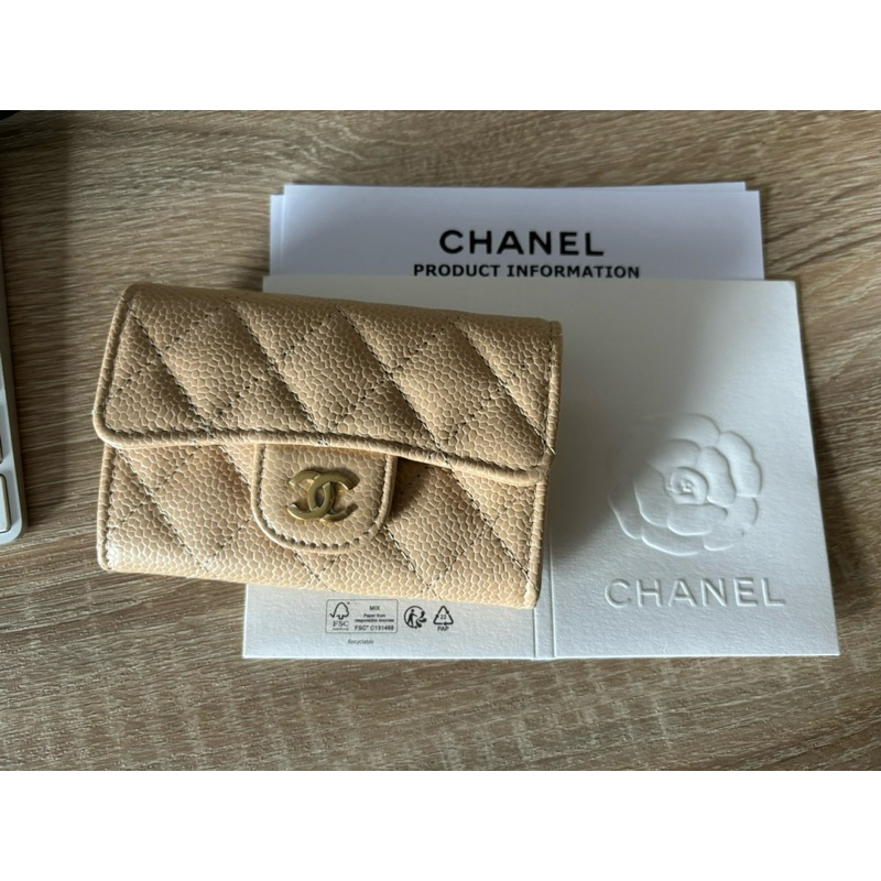 Chanel 香奈兒經典荔枝皮單層卡包 beige 裸膚杏色 金logo