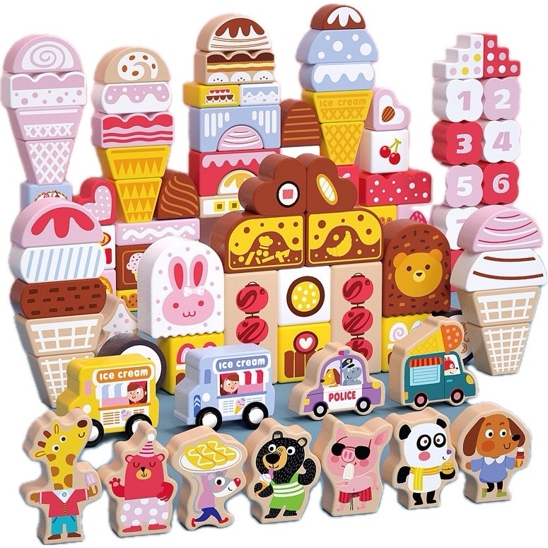 冰淇淋世界積木116顆粒 / 積木玩具  現貨 木製積木  多彩 動物 車子  兒童 益智 積木 玩具 禮物