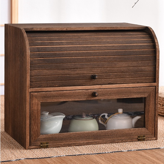 實木防塵雙層茶壺桌麵茶具茶杯置物架收納盒化妝品文具收納櫃茶櫃