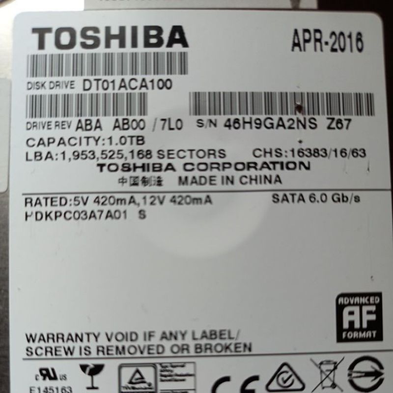 不良品 Toshiba  seagate 1TB  日立 1T 500B 3.5吋  SATA  自取