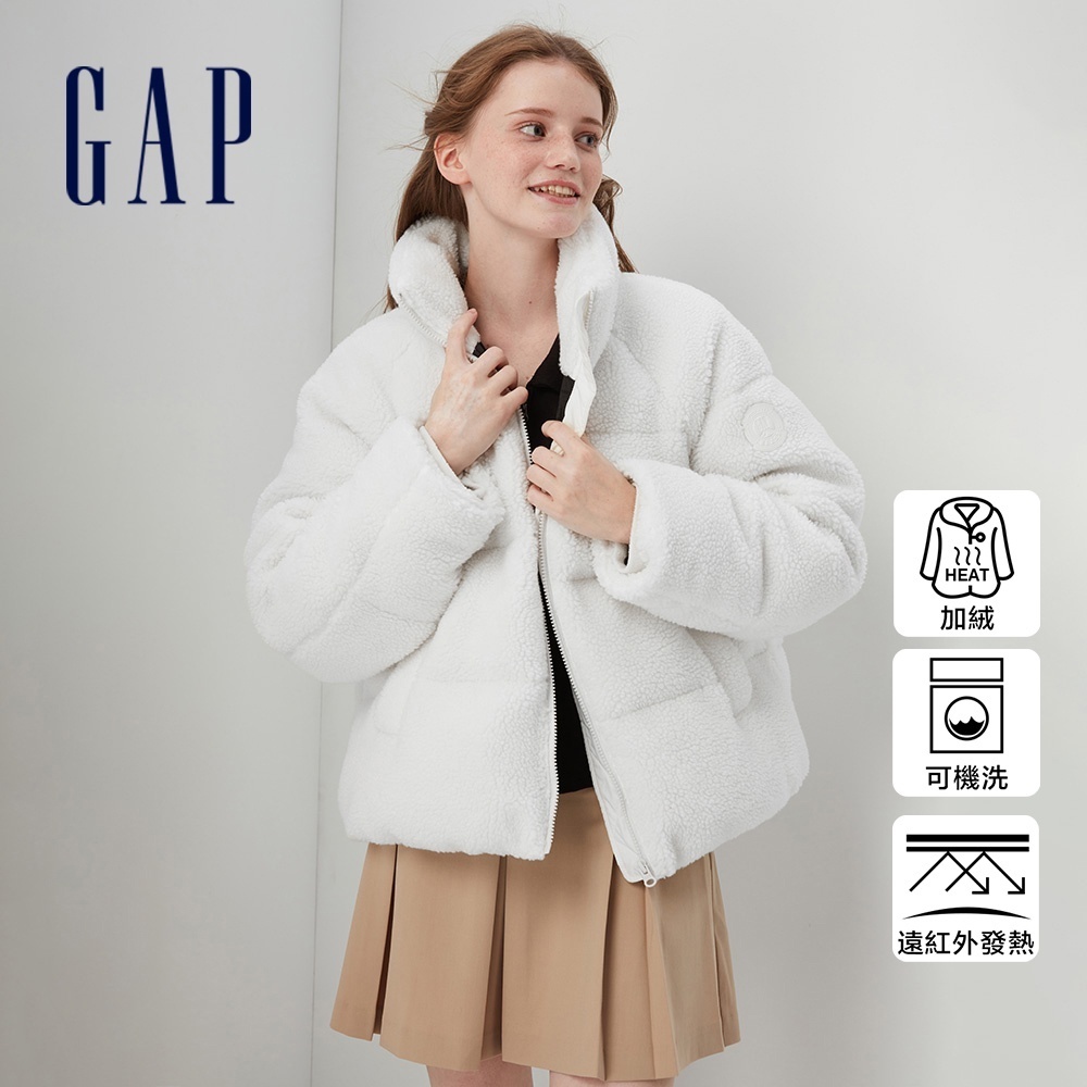 Gap 女裝 Logo仿羊羔絨立領羽絨外套-白色(720897)