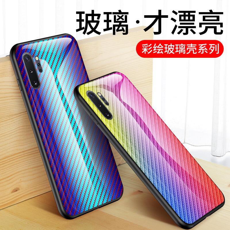 彩色玻璃三星 Galaxy Note8 9 Note10+手機殼 防摔 保護殼 鋼化玻璃背蓋 矽膠軟邊 碳纖維紋 保護套