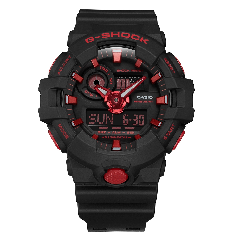 CASIO卡西歐 G-SHOCK 經典  酷黑焰紅 大錶徑 雙顯系列 GA-700BNR-1A_53.4mm