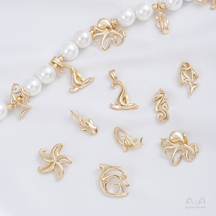 宏雲Hongyun-Ala 保色14K包金海洋生物海豚海星吊墜diy手工串珍珠手鏈掛件飾品吊飾