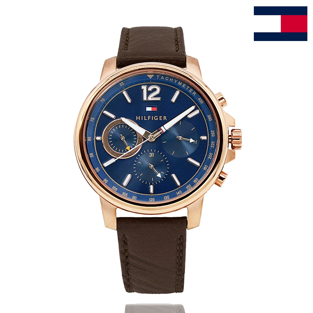 Tommy Hilfiger l 玫瑰金殼 藍面 咖啡色皮革手錶 1791532