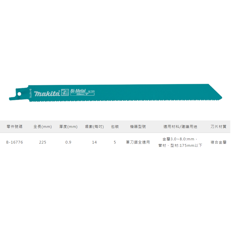 【軍刀鋸片】 MAKITA 牧田 (瑞士製) 軍刀鋸片 B-16776 數量1支 長度9吋 複合金屬 含稅價 軍刀鋸片