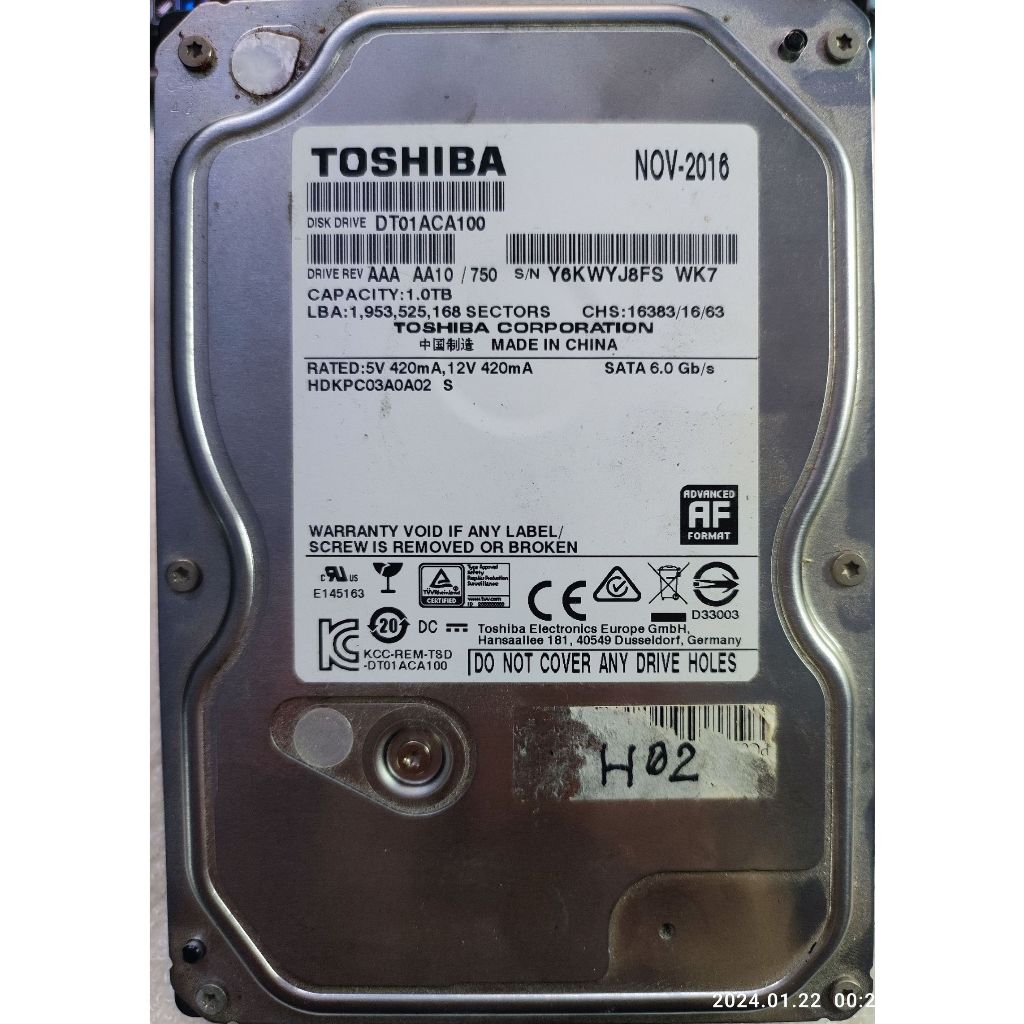 TOSHIBA DT01ACA100 : 1000.2 GB (1TB中古良品,預裝WIN10安裝測試正常)