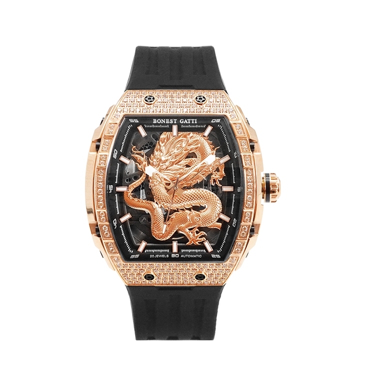 BONEST GATTI布加迪 生肖款 龍年 晶鑽玫金框 酒桶造型 氟橡膠錶帶 自動上鍊機械腕錶