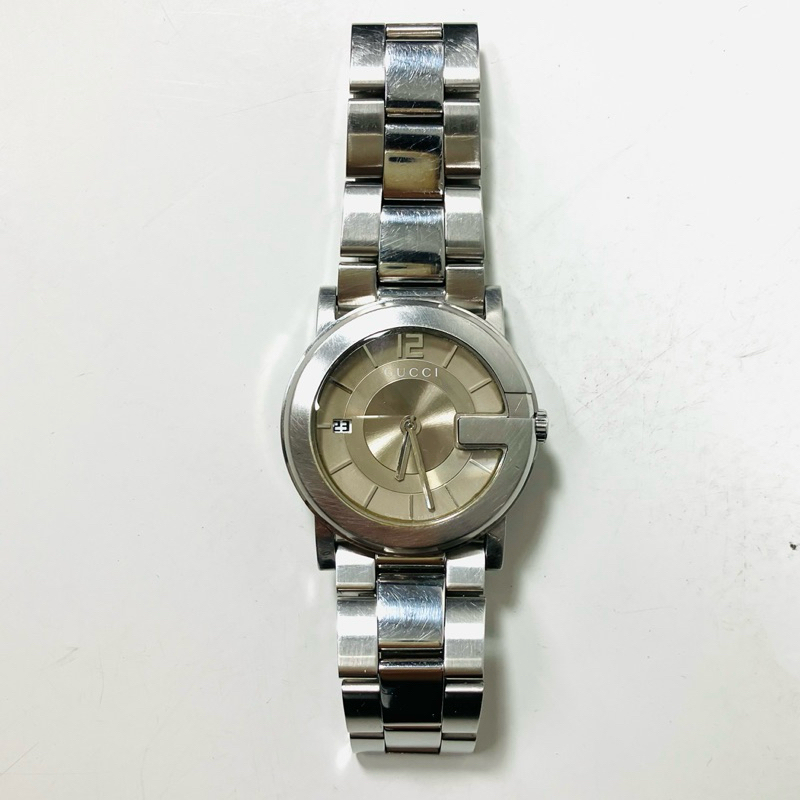 GUCCI 手錶 不鏽鋼錶帶 附外盒 說明書 錶節 有使用痕跡101J L/Beige x Silver 二手 寶物工廠