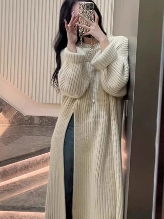 洋裝│大尺碼3色 秋冬外搭慵懶風法式毛衣裙女 套頭開叉中長款針織連身裙 百搭顯瘦寬鬆長袖洋裝 疊穿長裙洋裝 開叉連身洋裝