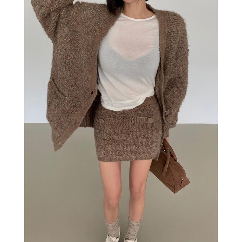 全新 韓國代購 正韓針織毛外套+針織毛短裙 熊寶寶套裝 售咖色