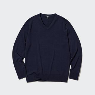 uniqlo男裝 精紡美麗諾V領毛衣(長袖)(可機洗)深藍色M號-全新