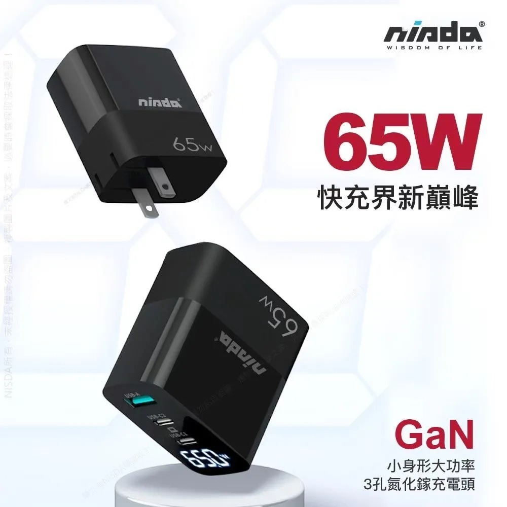 NISDA  65W 氮化鎵 GaN 三孔充電器 數字顯示 PD+QC 快充頭 手機充電器 QC快充 充電頭 旅充頭