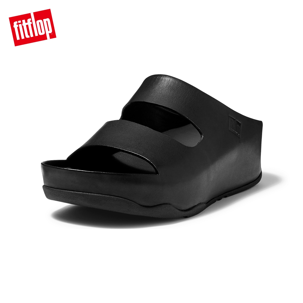 【FitFlop】SHUV TWO-BAR LEATHER SLIDES 簡約造型雙帶皮革涼鞋-女(靚黑色)