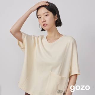 【gozo】織標剪接造型連袖上衣(淺灰/米色_F) | 女裝 圓領 休閒