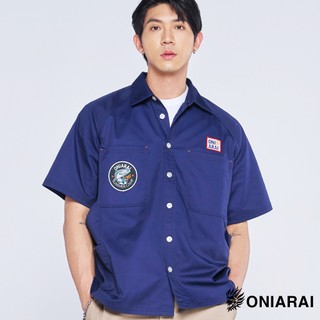 BLUE WAY 鬼洗 ONIARAI - 男款 四季繪魚織標插肩短袖襯衫(深藍)