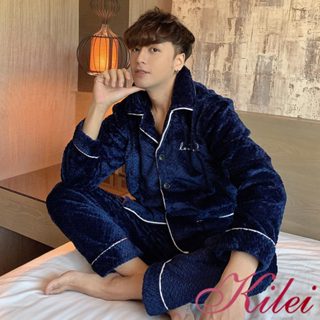 【Kilei】男睡衣 保暖睡衣 厚實壓曲紋襯衫式口袋水貂絨男長袖二件式睡衣組XA4366-01=-02(深度藍色)大尺碼