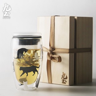 九土創意貓咪耐高溫雙層玻璃杯【組合價】玻璃茶杯帶蓋茶濾玻璃杯加厚貓杯辦公室杯子家用水杯花茶杯透明咖啡杯CUPR0063
