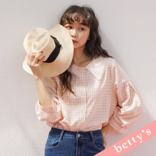 betty’s貝蒂思(31) 格紋蕾絲劍領泡泡袖襯衫(粉橘色)
