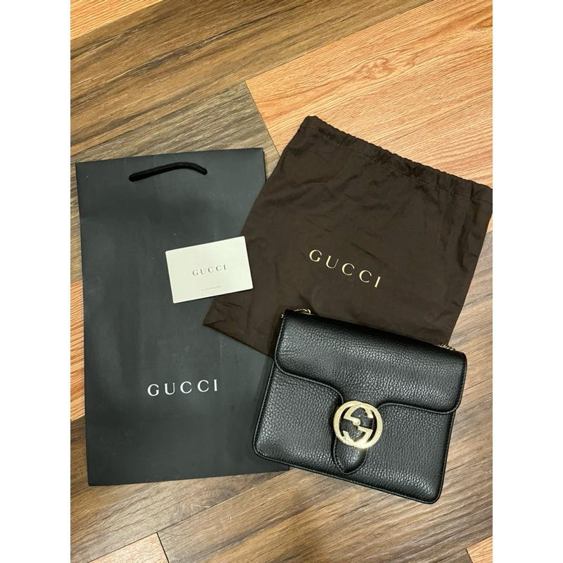 [二手正品] Gucci古馳風琴包 雙G LOGO牛皮鏈帶雙夾層扣式斜背包