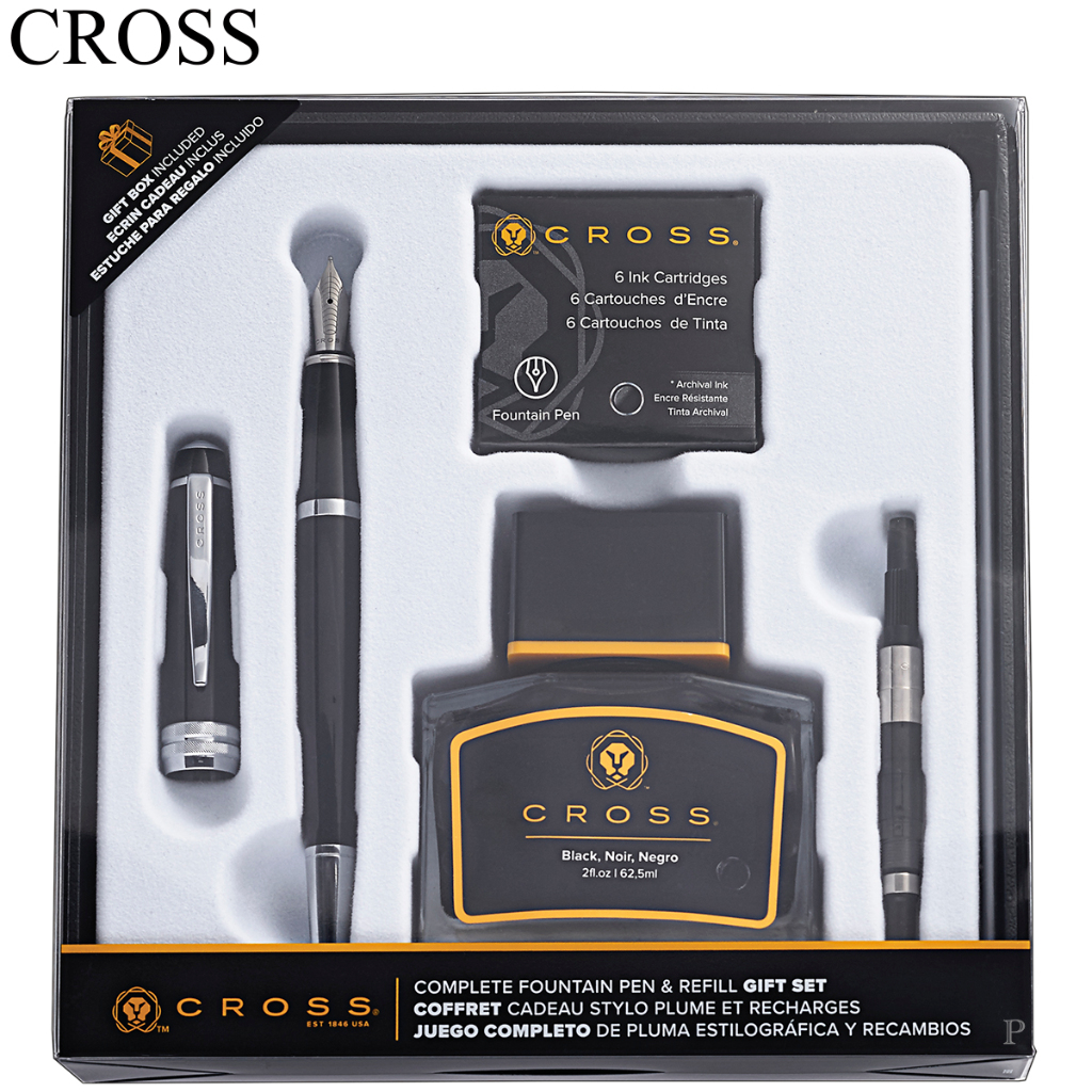 【筆較便宜】CROSS高仕 貝禮黑亮白夾鋼筆+墨水禮盒組(附卡水.吸墨器) AT0456-7MS/5