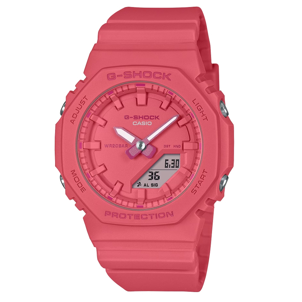 CASIO 卡西歐 G-SHOCK x ITZY 迷你版農家橡樹 纖薄八角形雙顯錶-亮粉 GMA-P2100-4A