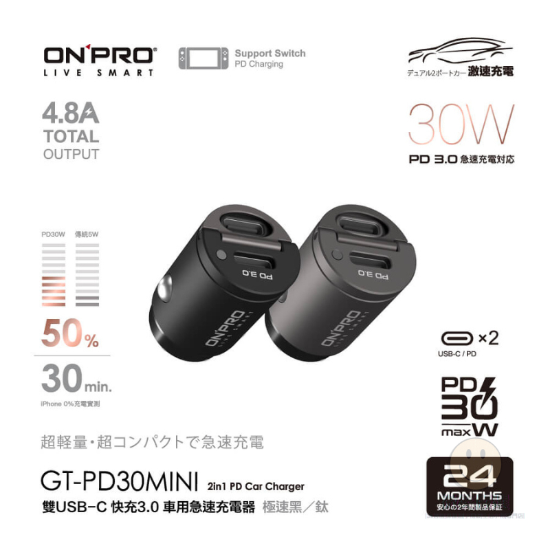 ONPRO GT-PD30MINI PD30W 隱藏式雙USB-C Type-C 迷你PD快充車用充電器 快速充電器