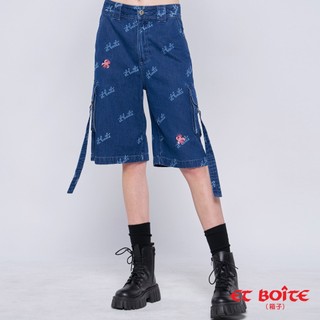 BLUE WAY ET BOiTE 箱子 - 女款 鳶尾繡花LOGO文字丹寧六分褲(深藍)